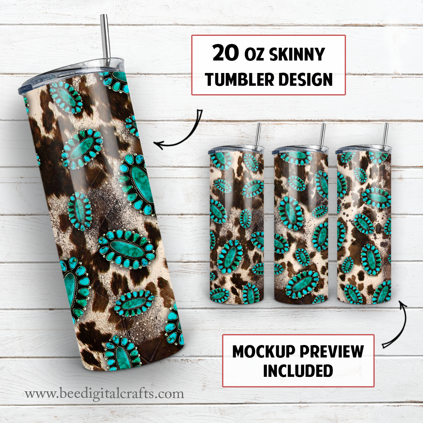 Cowhide turquoise 20 oz skinny tumbler sublimation design