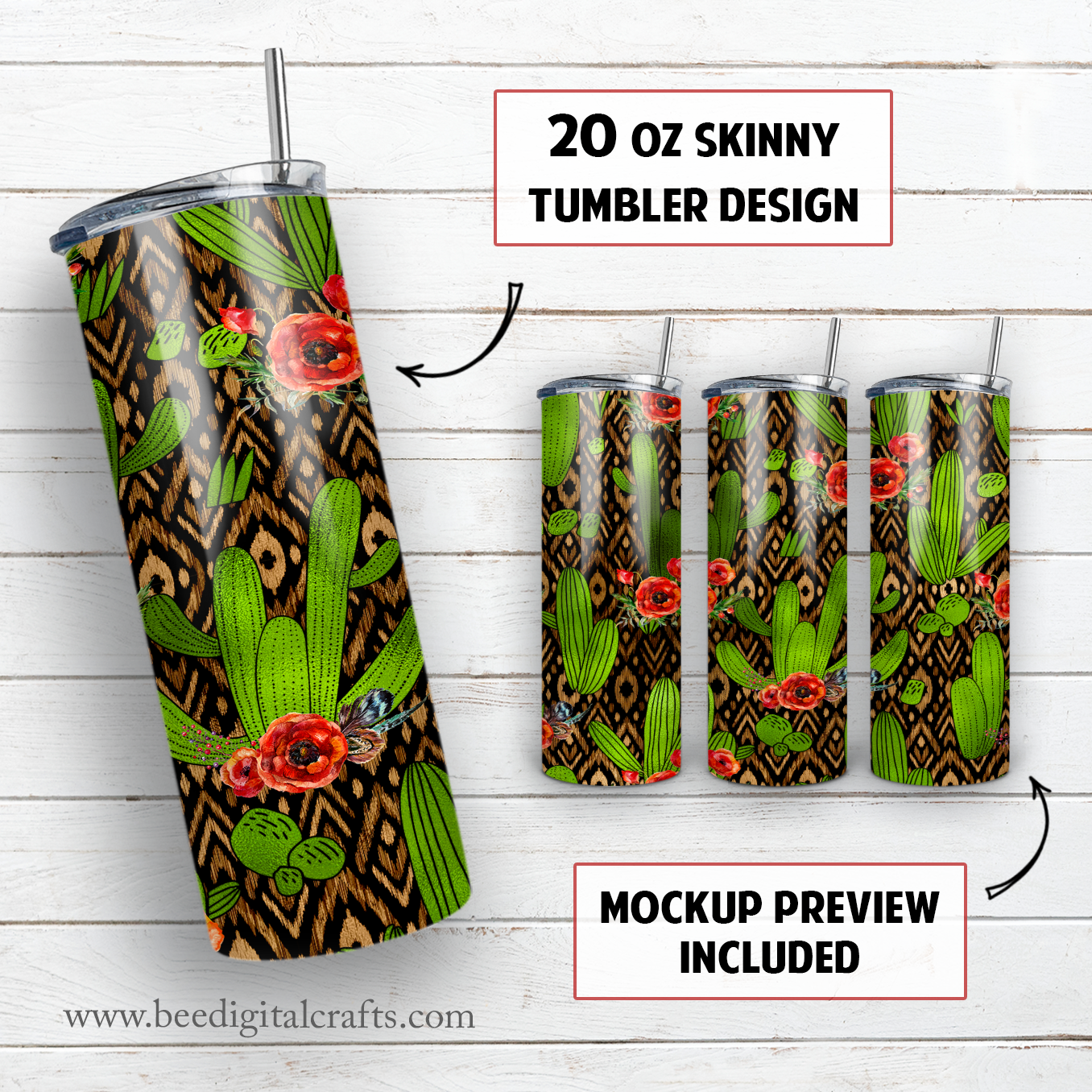 Aztec cactus 20 oz skinny tumbler sublimation design