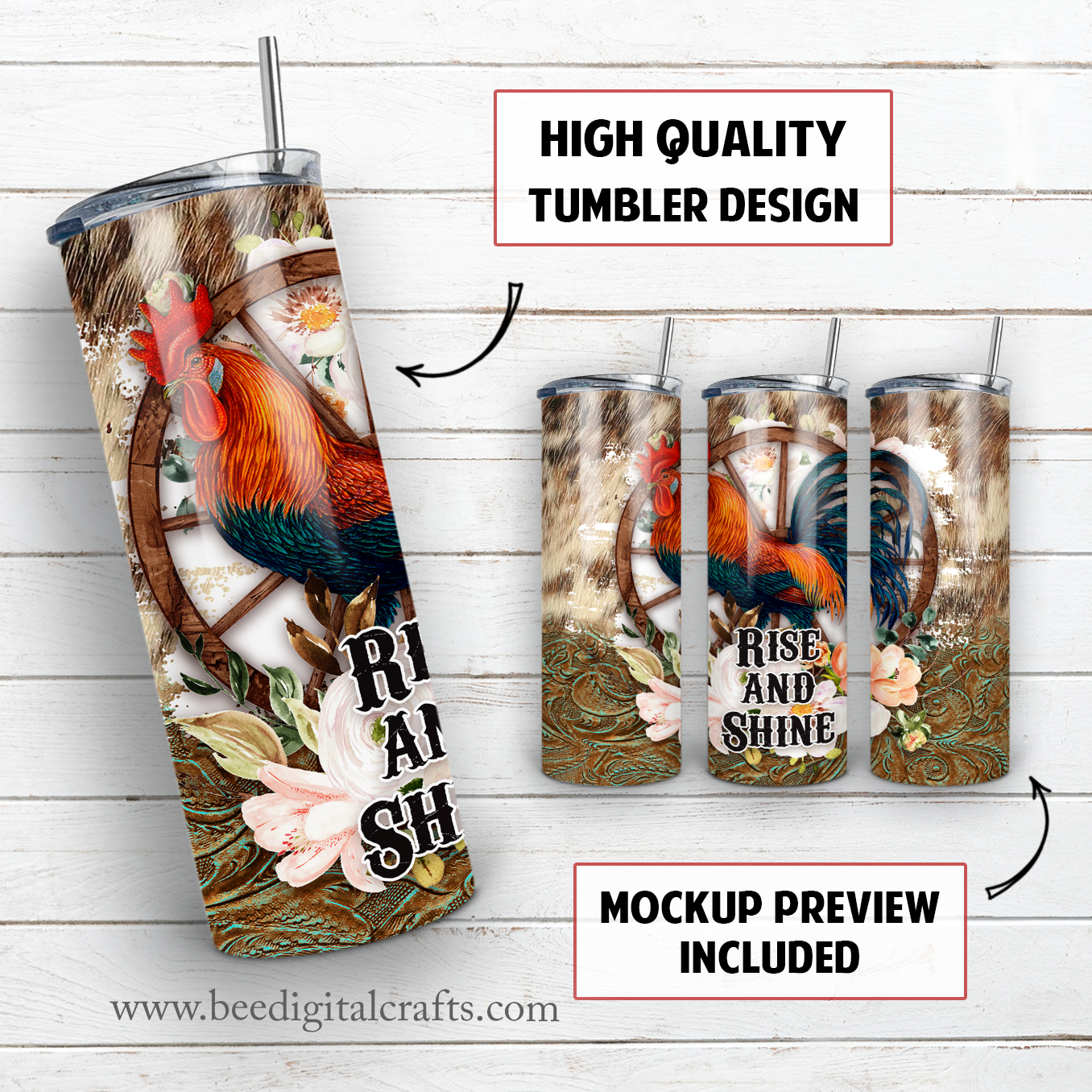 Rise and shine rooster 20 oz skinny tumbler sublimation design