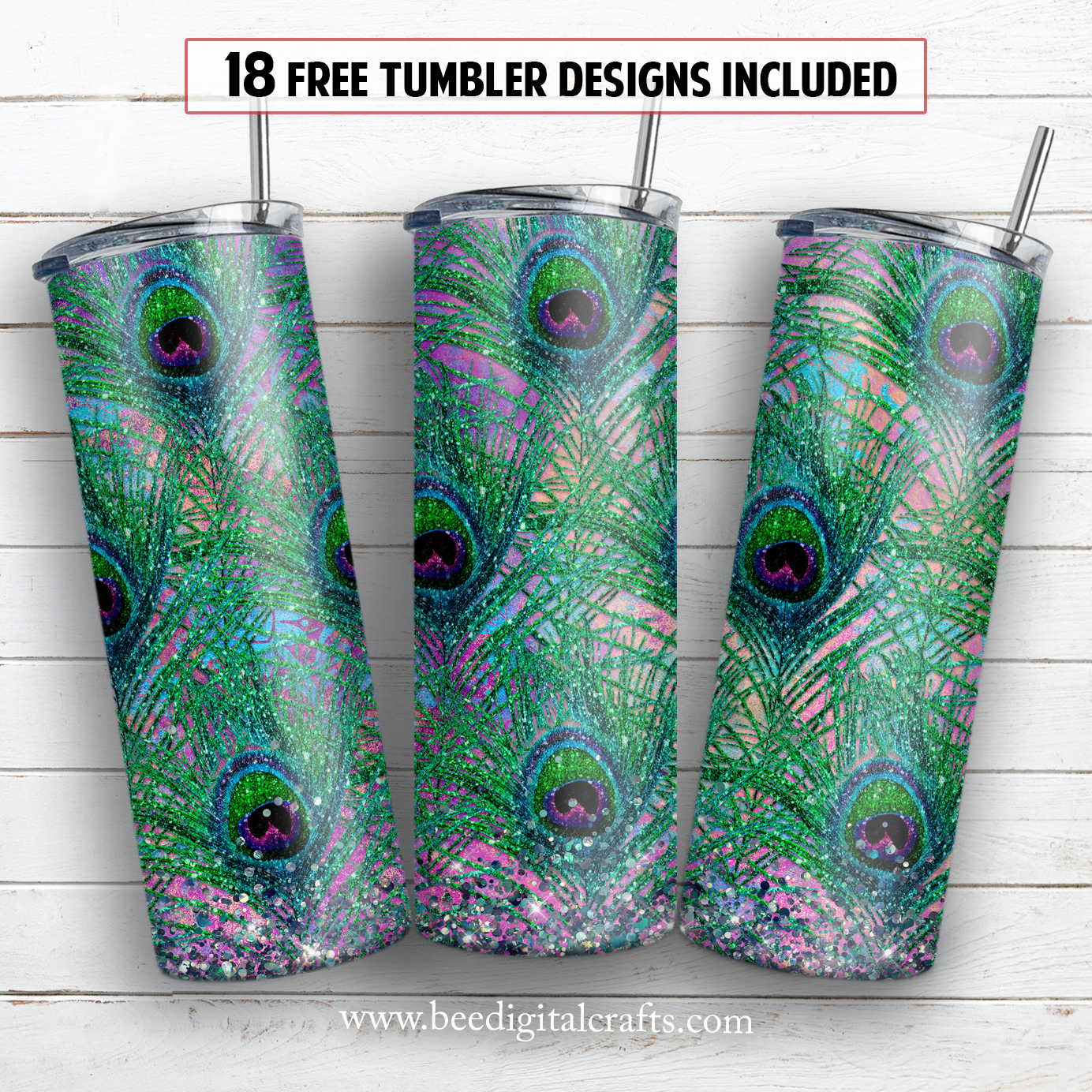 Peacock feather glitter 20 oz skinny tumbler sublimation design