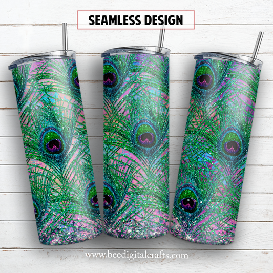 Peacock feather glitter 20 oz skinny tumbler sublimation design