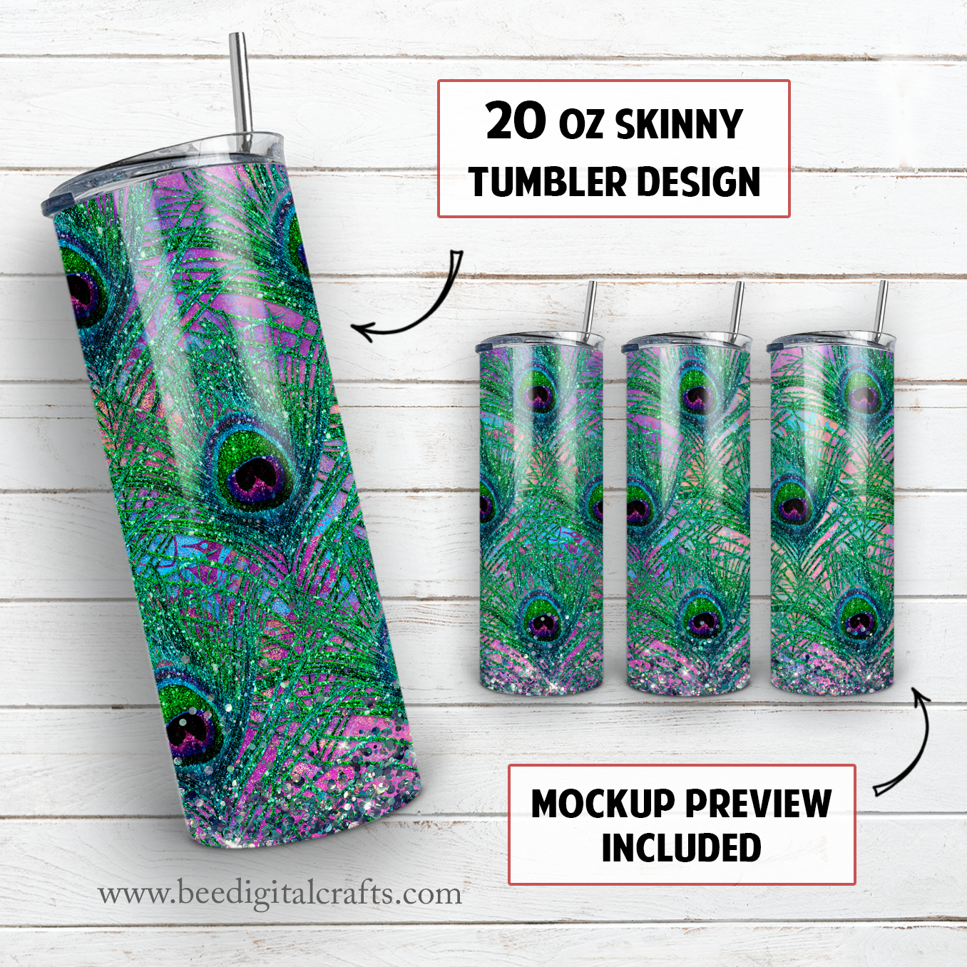 Peacock feather glitter 20 oz skinny tumbler sublimation design