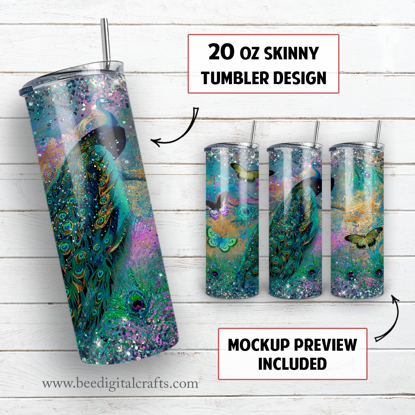 Peacock 20 oz skinny tumbler sublimation design