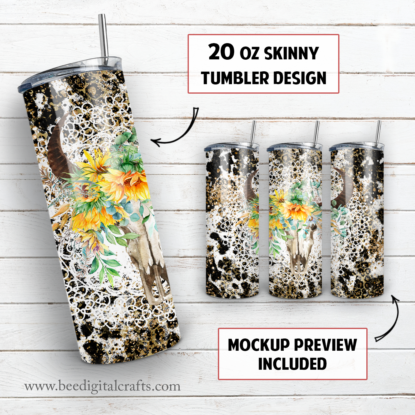 Cow skull sunflower 20 oz skinny tumbler sublimation design