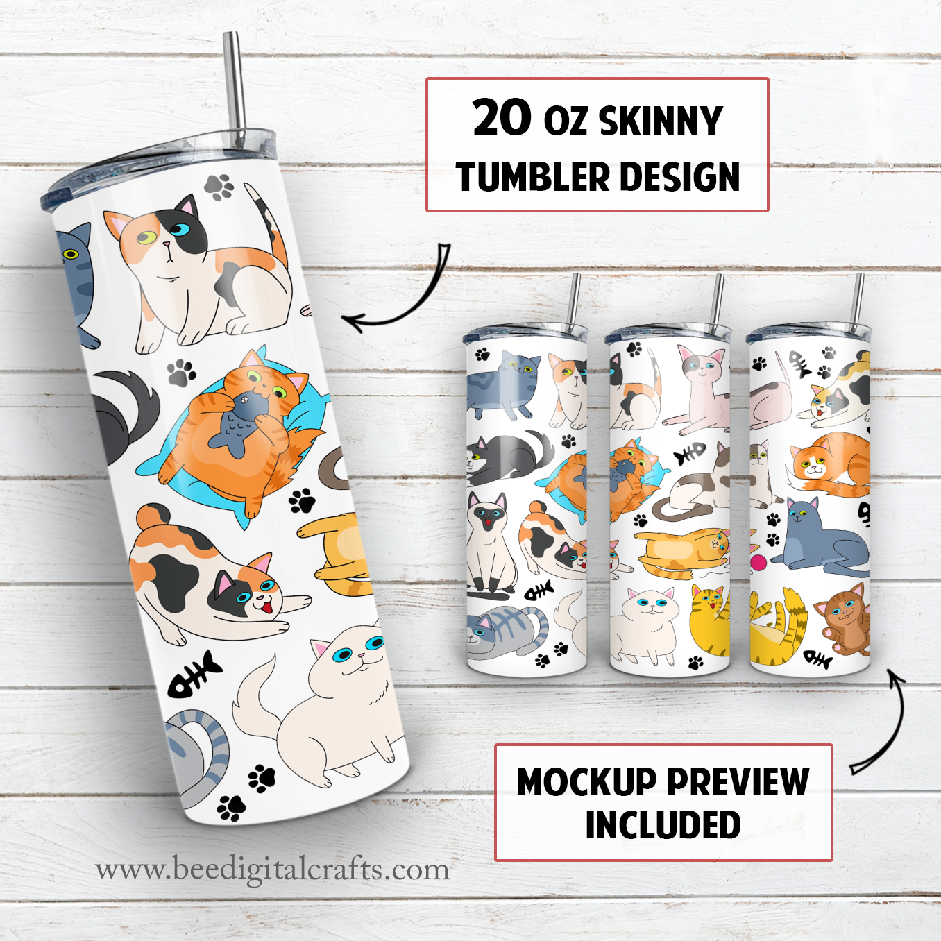 Cats 20 oz skinny tumbler sublimation design