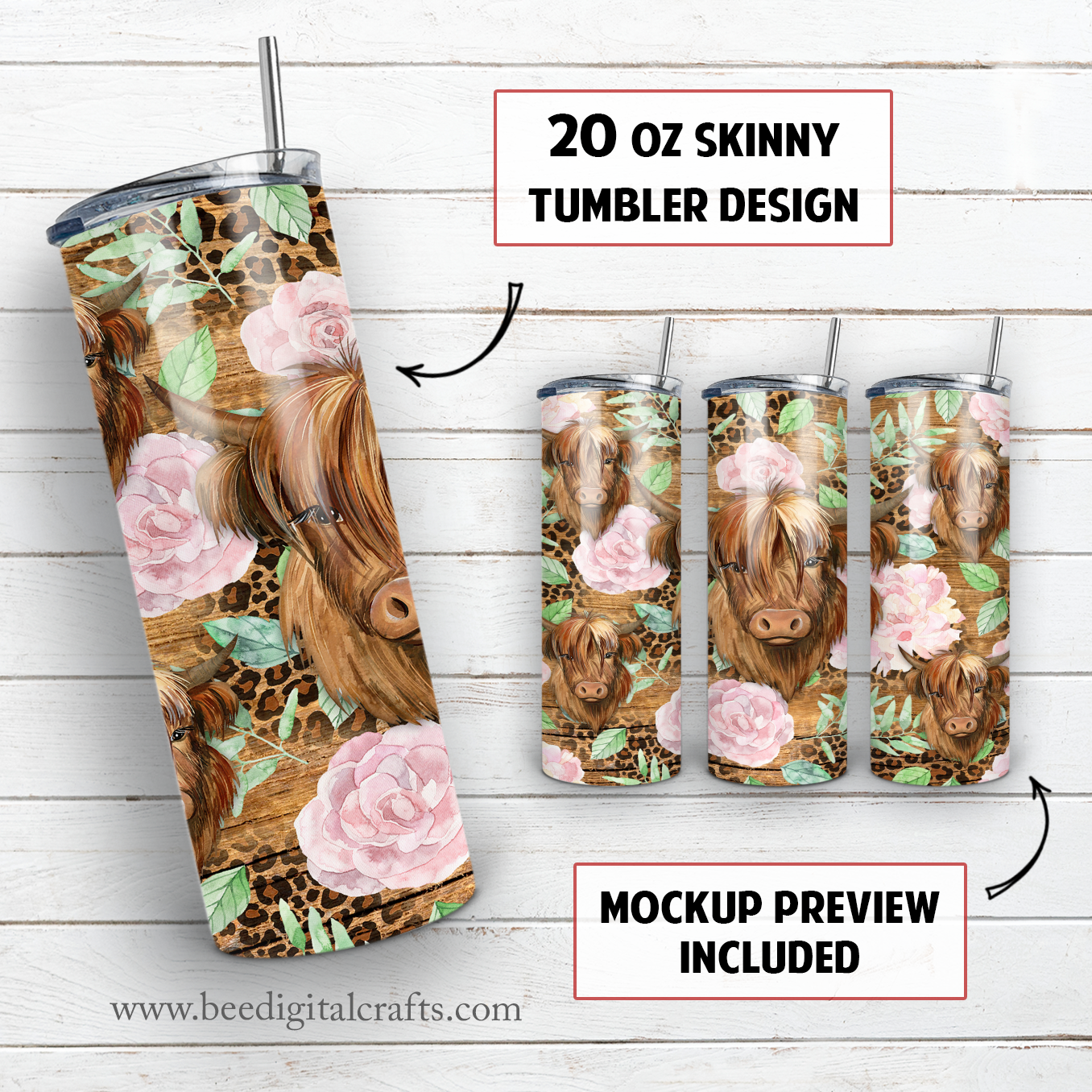 Highland cow flower 20 oz skinny tumbler sublimation design