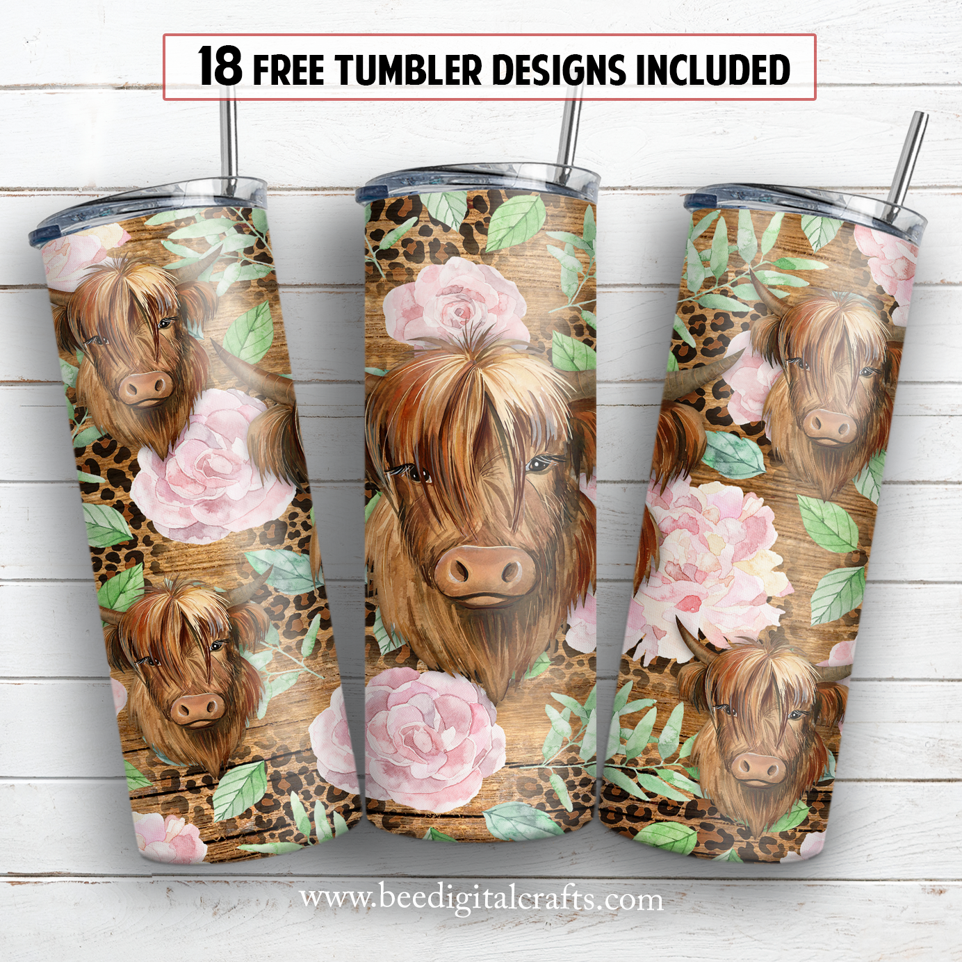 Highland cow flower 20 oz skinny tumbler sublimation design