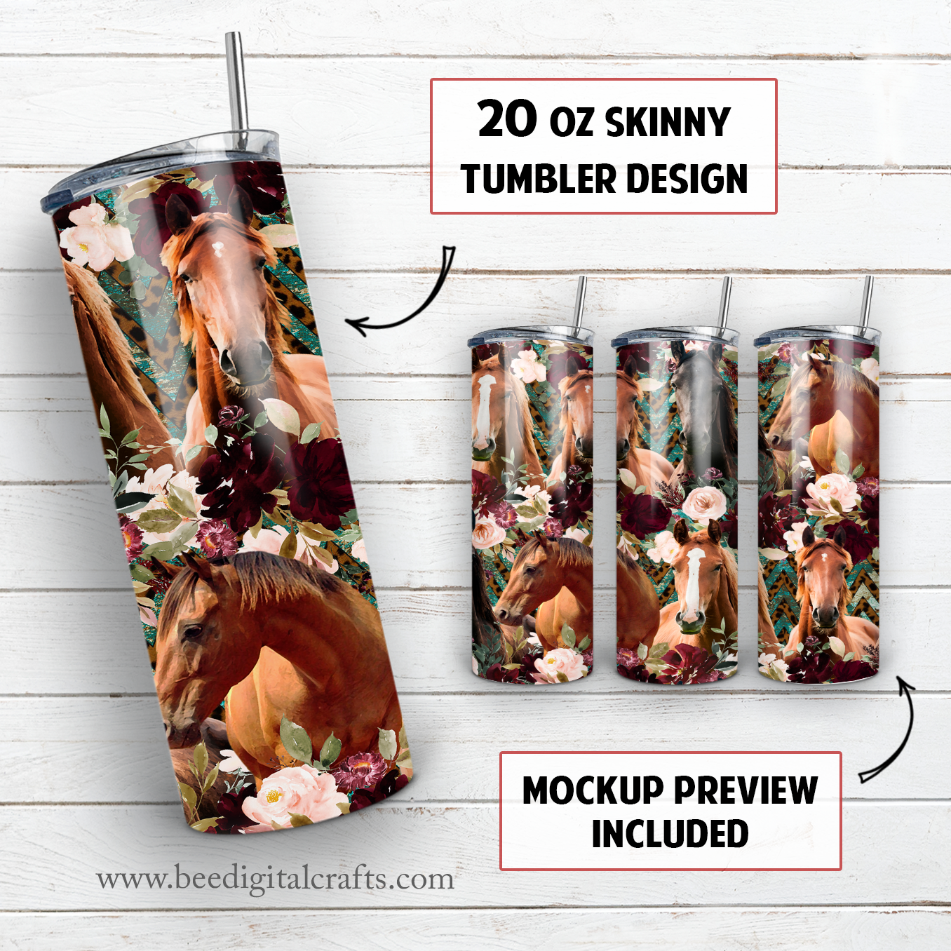 Horse 20 oz skinny tumbler sublimation design