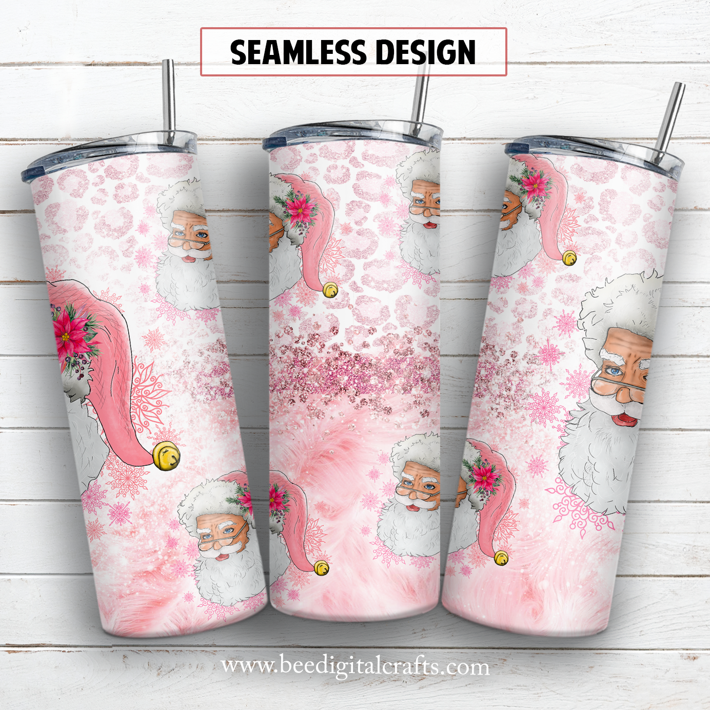 Pink Santa 20 oz skinny tumbler sublimation design