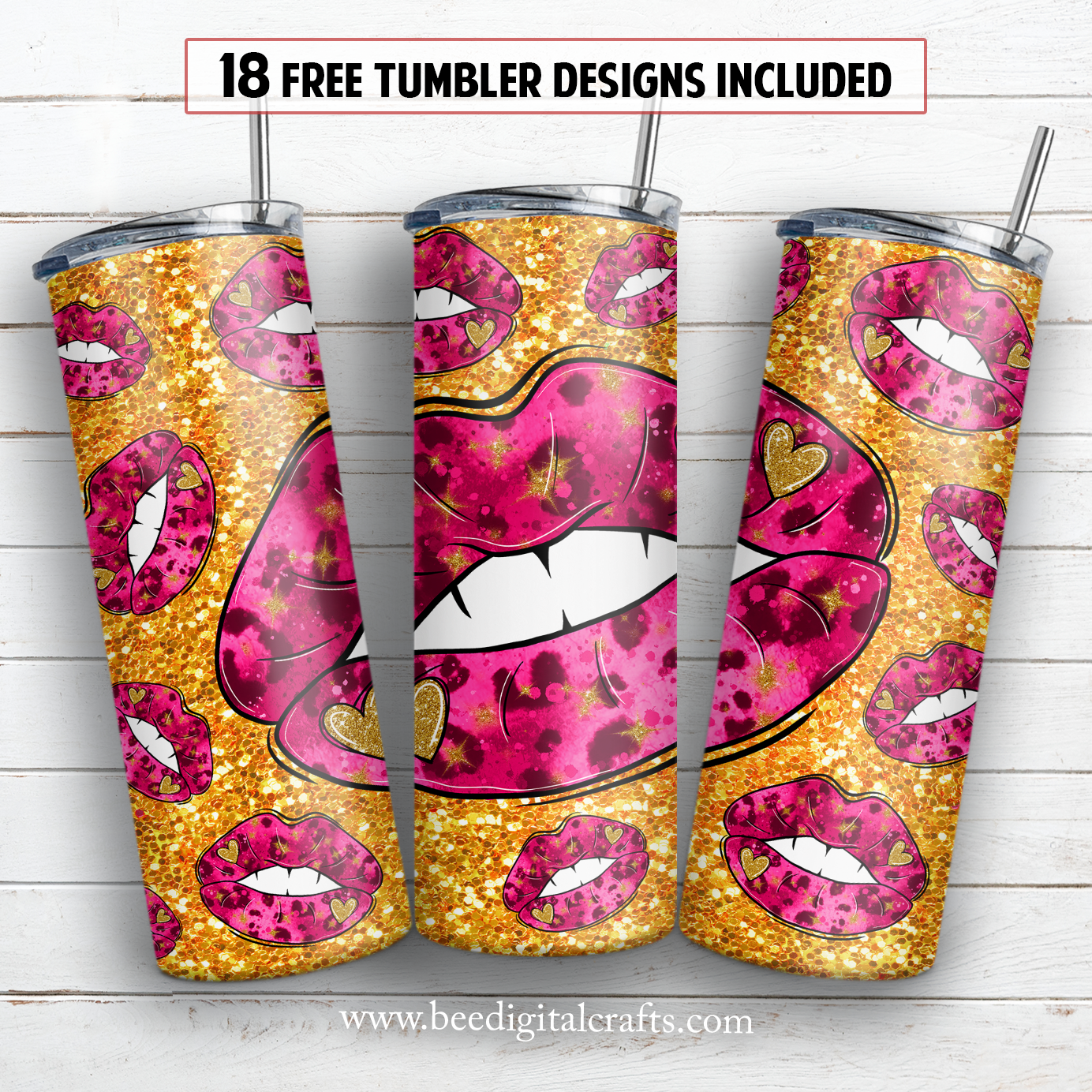 Glitter pink lips 20 oz skinny tumbler sublimation design