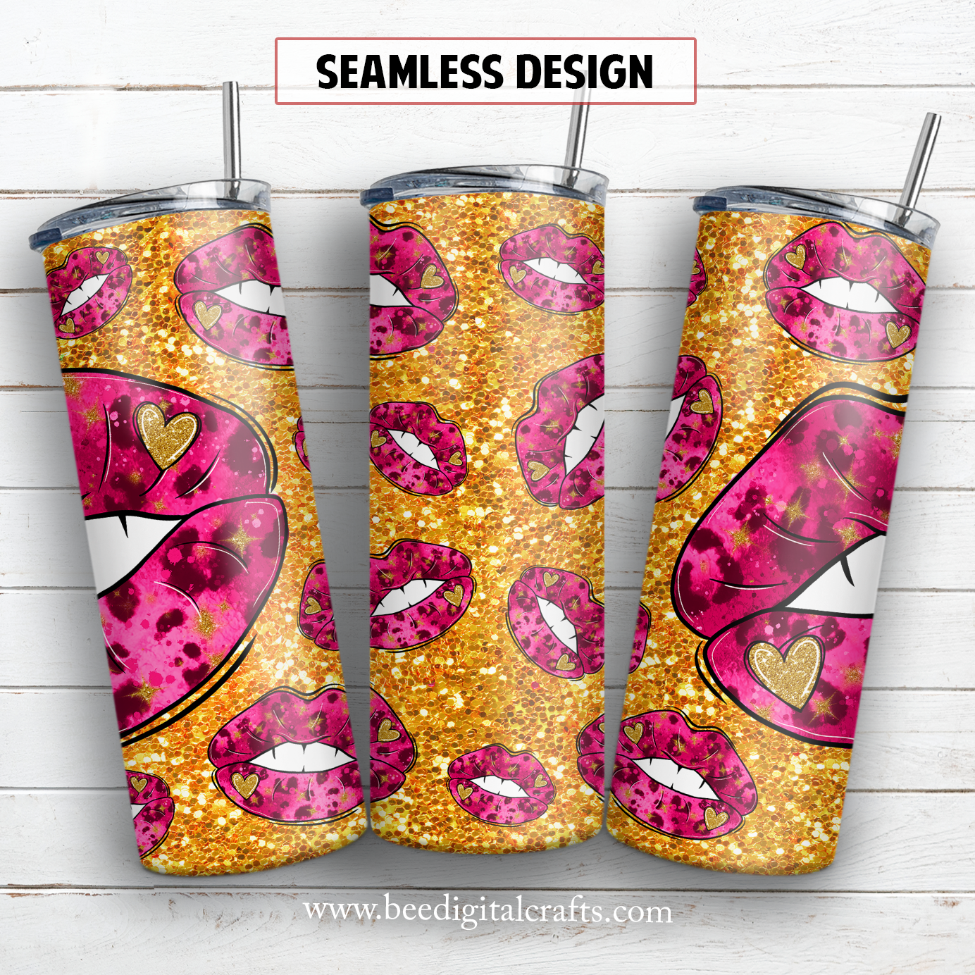 Glitter pink lips 20 oz skinny tumbler sublimation design