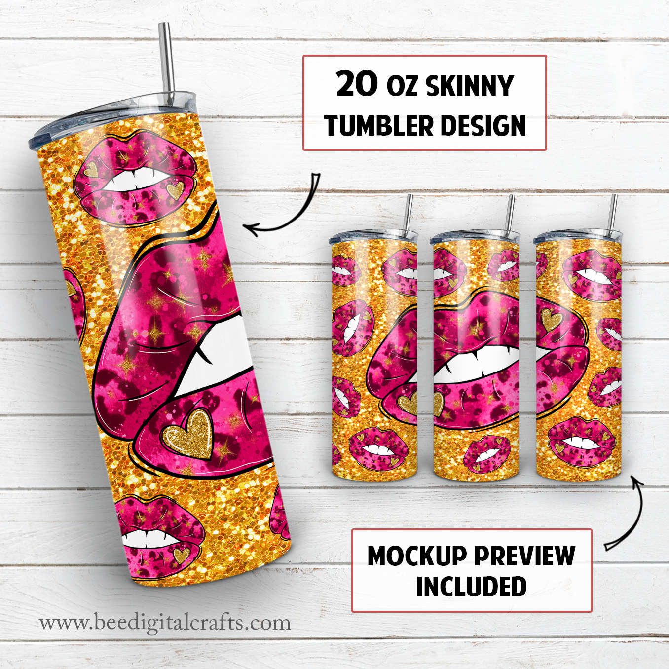 Glitter pink lips 20 oz skinny tumbler sublimation design