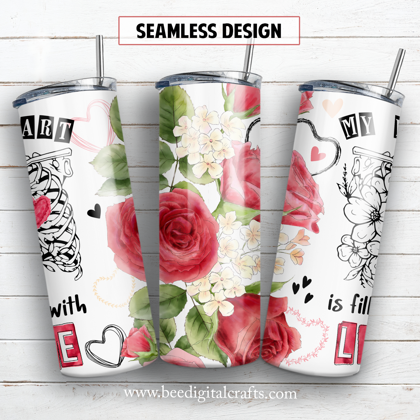 My heart is filled with love 20 oz skinny tumbler sublimation design