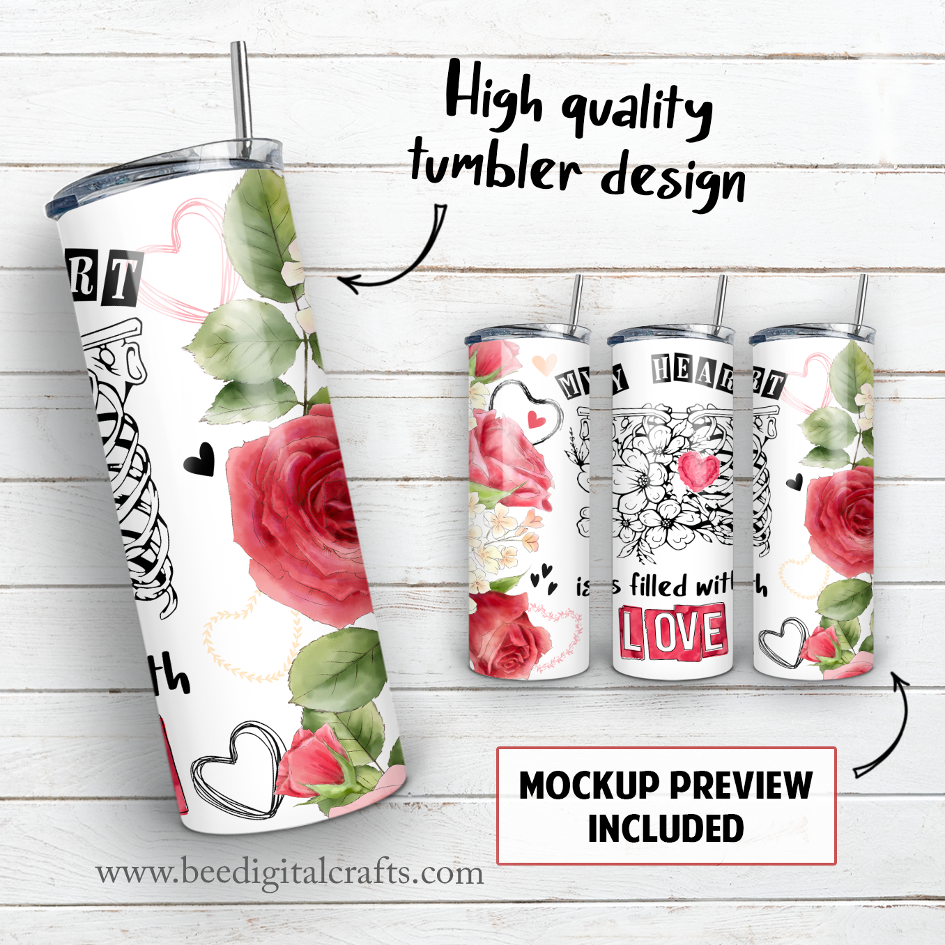 My heart is filled with love 20 oz skinny tumbler sublimation design