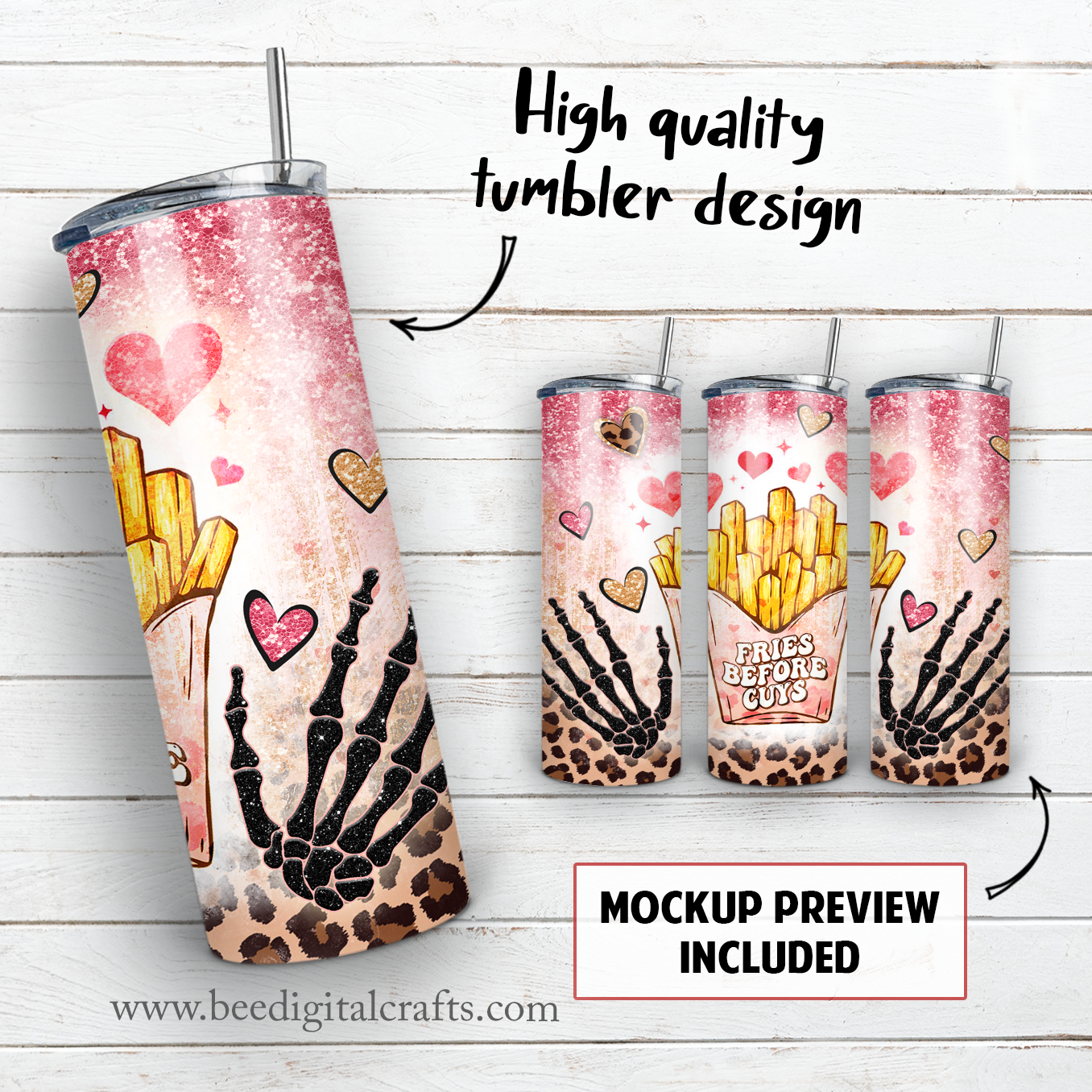 Fries before guys 20 oz skinny tumbler sublimation design