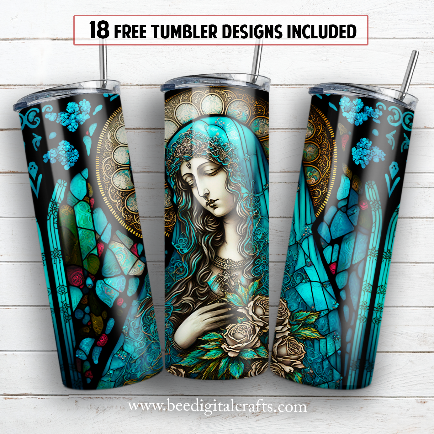 Stained glass Virgin Mary 20 oz skinny tumbler sublimation design