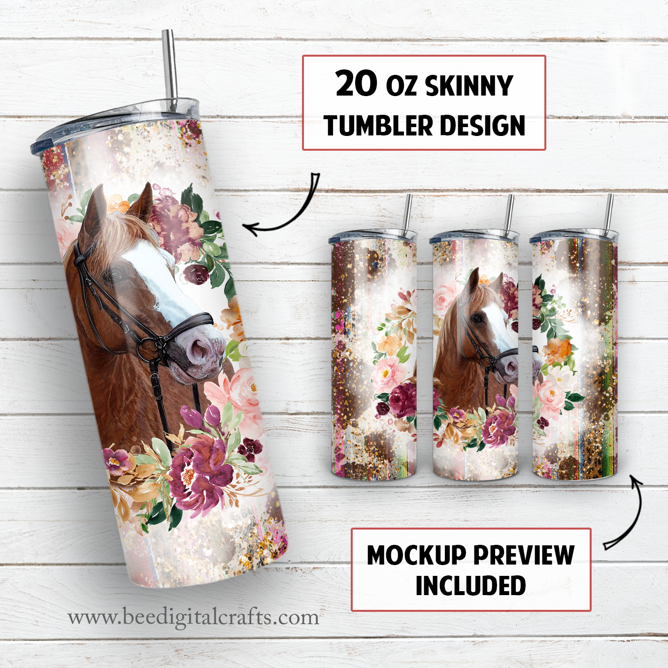 Horse with flower 20 oz skinny tumbler sublimation design