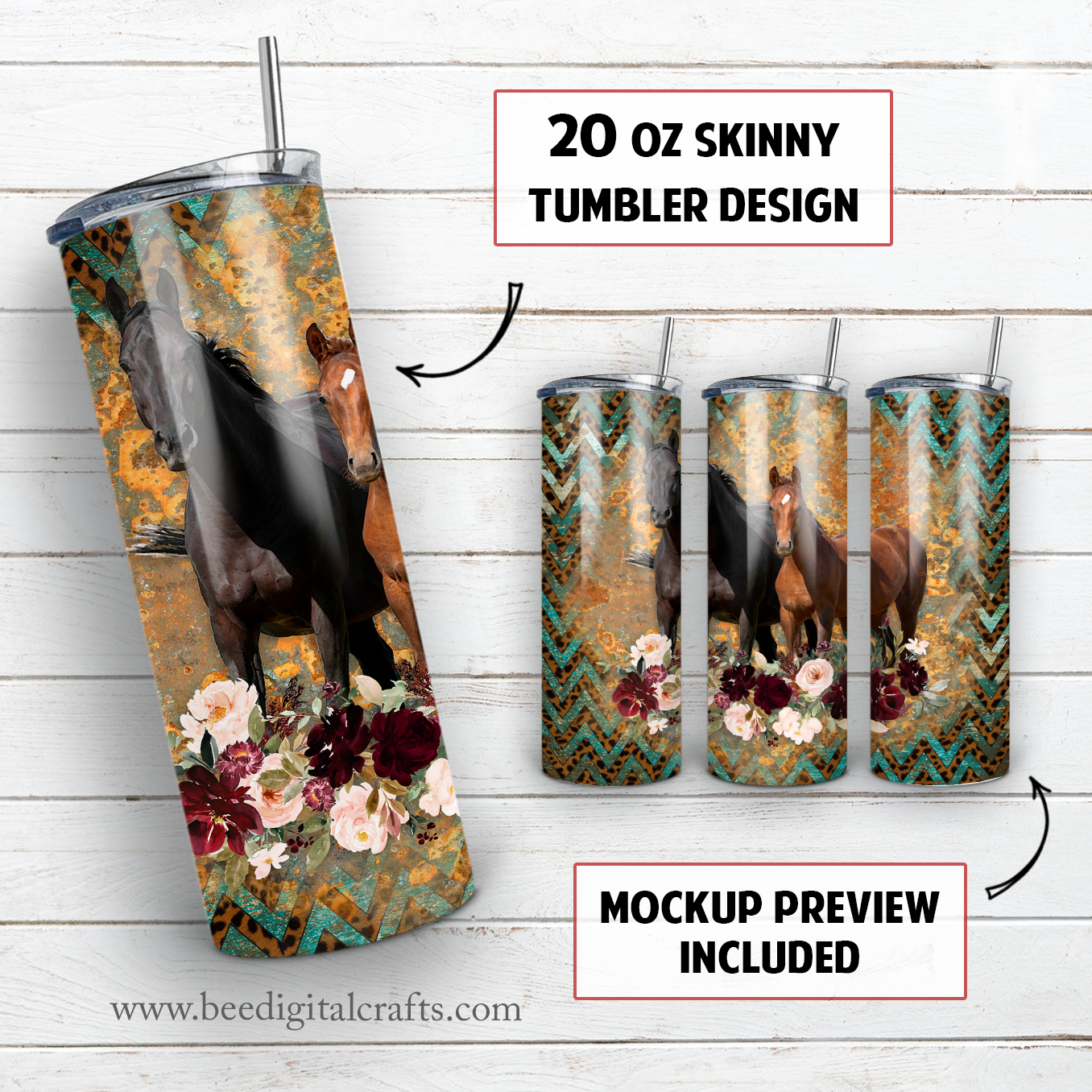 Horse 20 oz skinny tumbler sublimation design