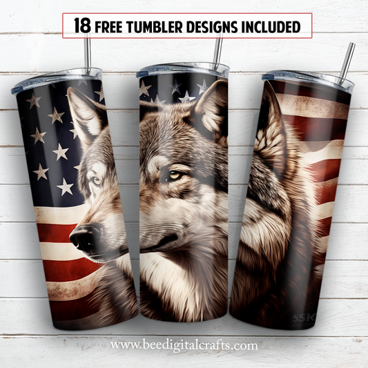 American flag wolf 20 oz skinny tumbler sublimation design