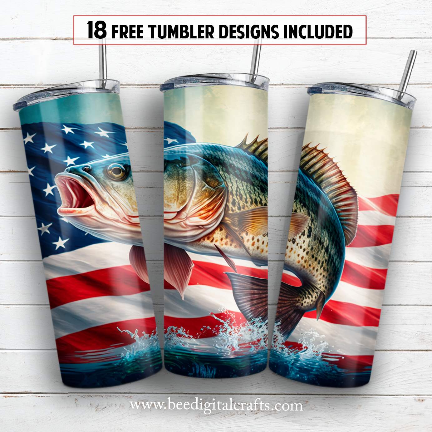 Bass fish America flag 20 oz skinny tumbler sublimation design