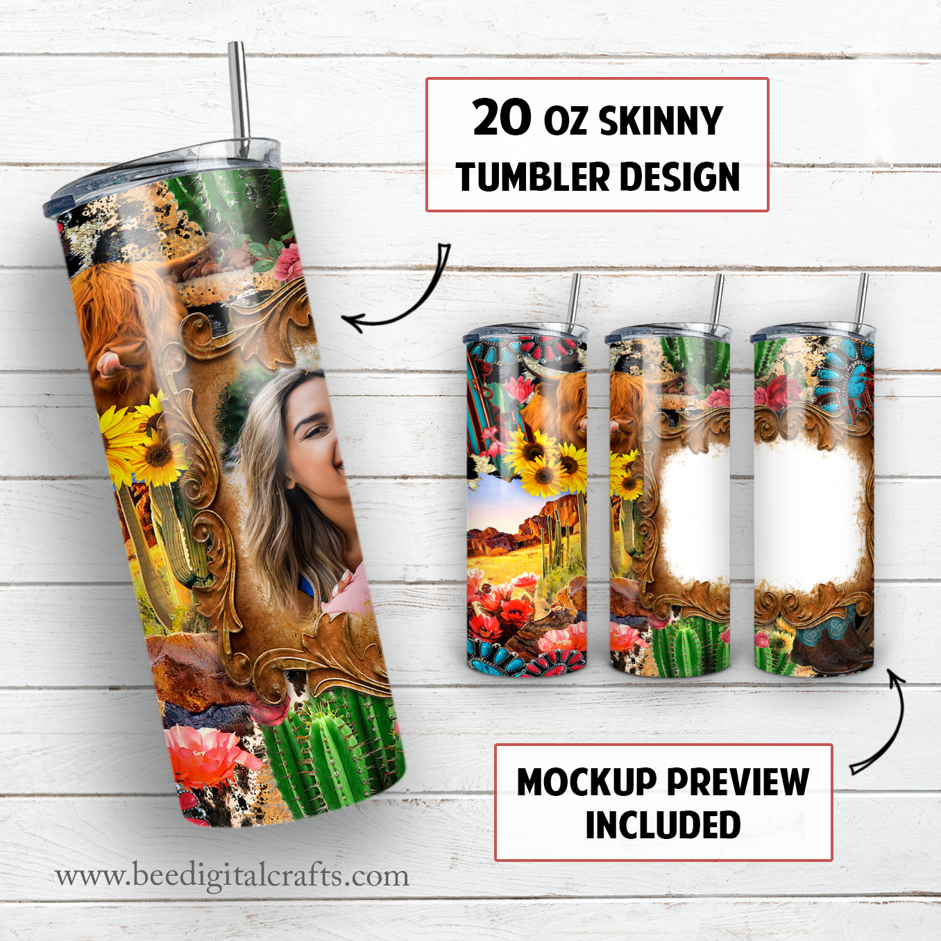 Western picture frame 20 oz skinny tumbler sublimation design