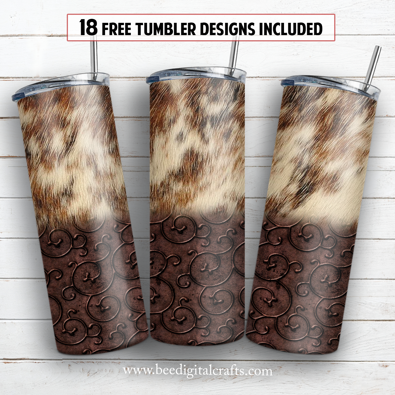 Cowhide and tooled leather 20 oz skinny tumbler sublimation design