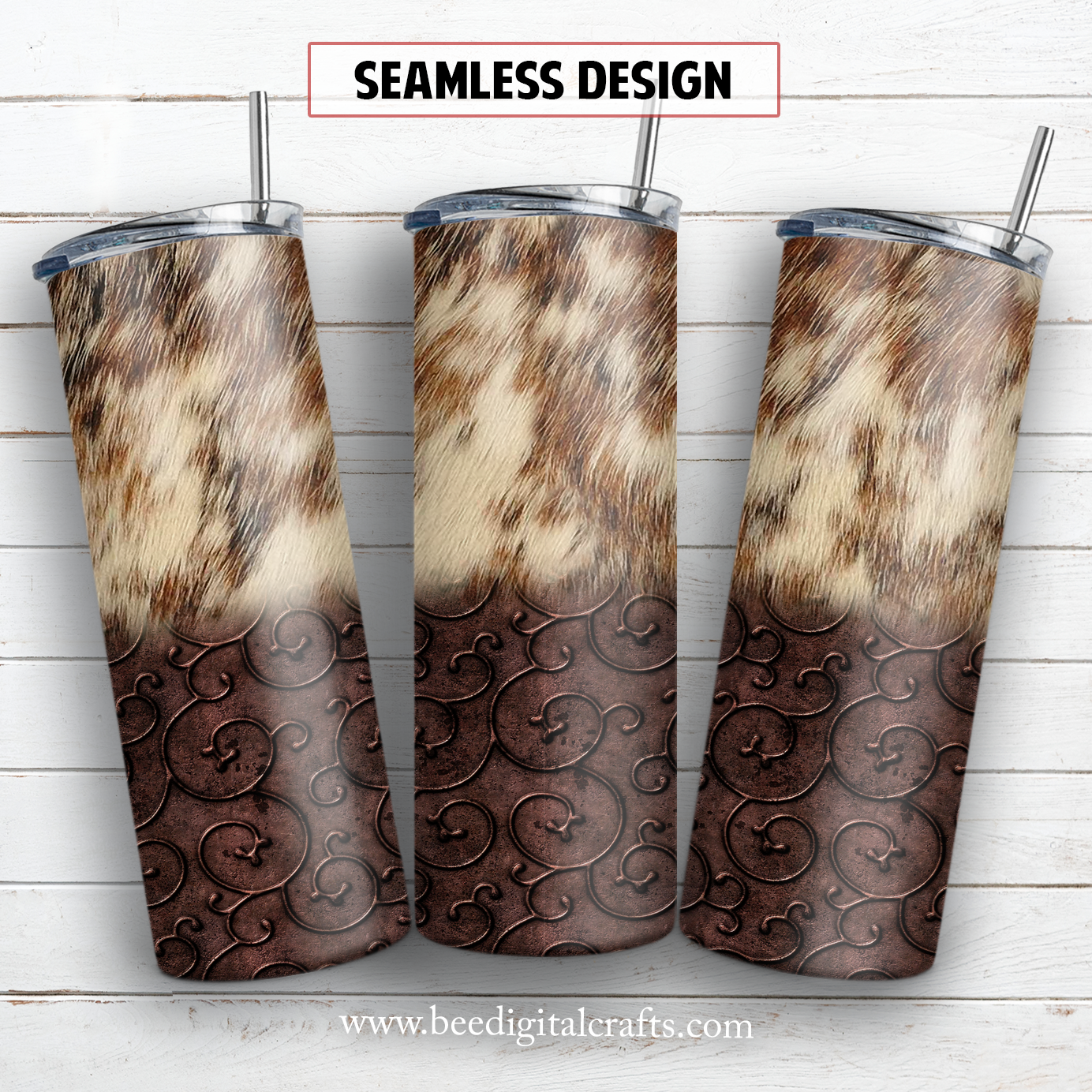 Cowhide and tooled leather 20 oz skinny tumbler sublimation design