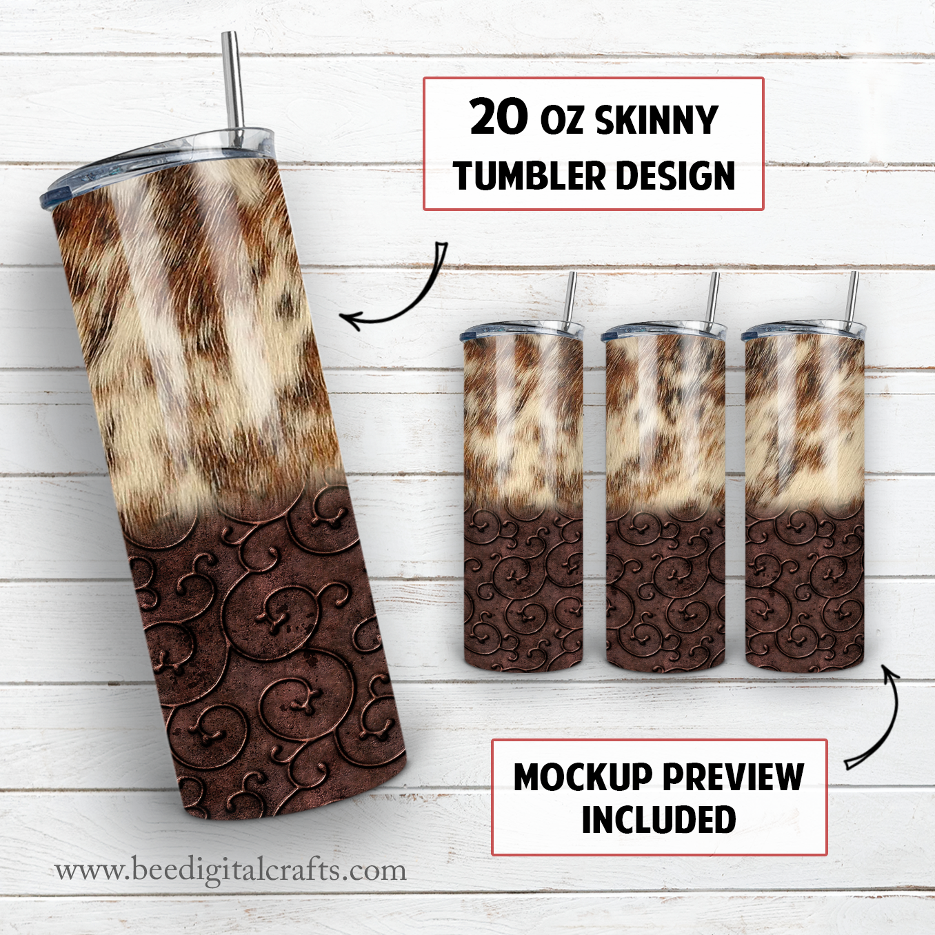 Cowhide and tooled leather 20 oz skinny tumbler sublimation design