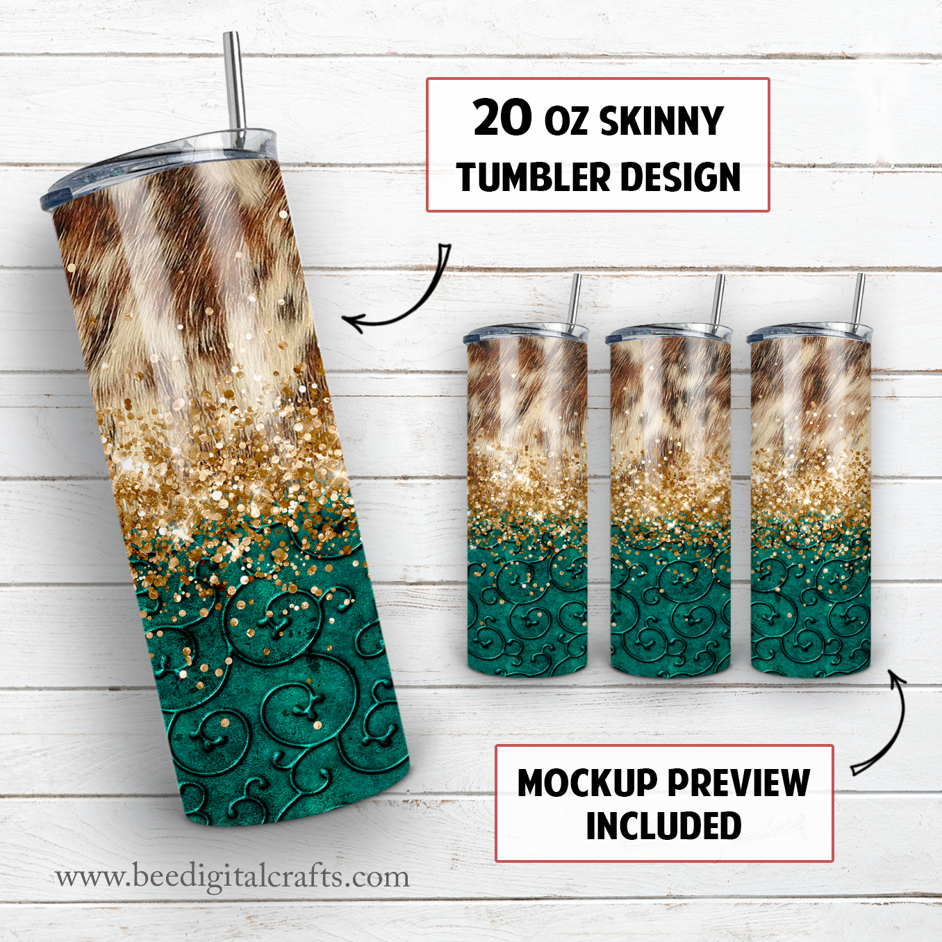 Cowhide and teal tooled leather 20 oz skinny tumbler sublimation design