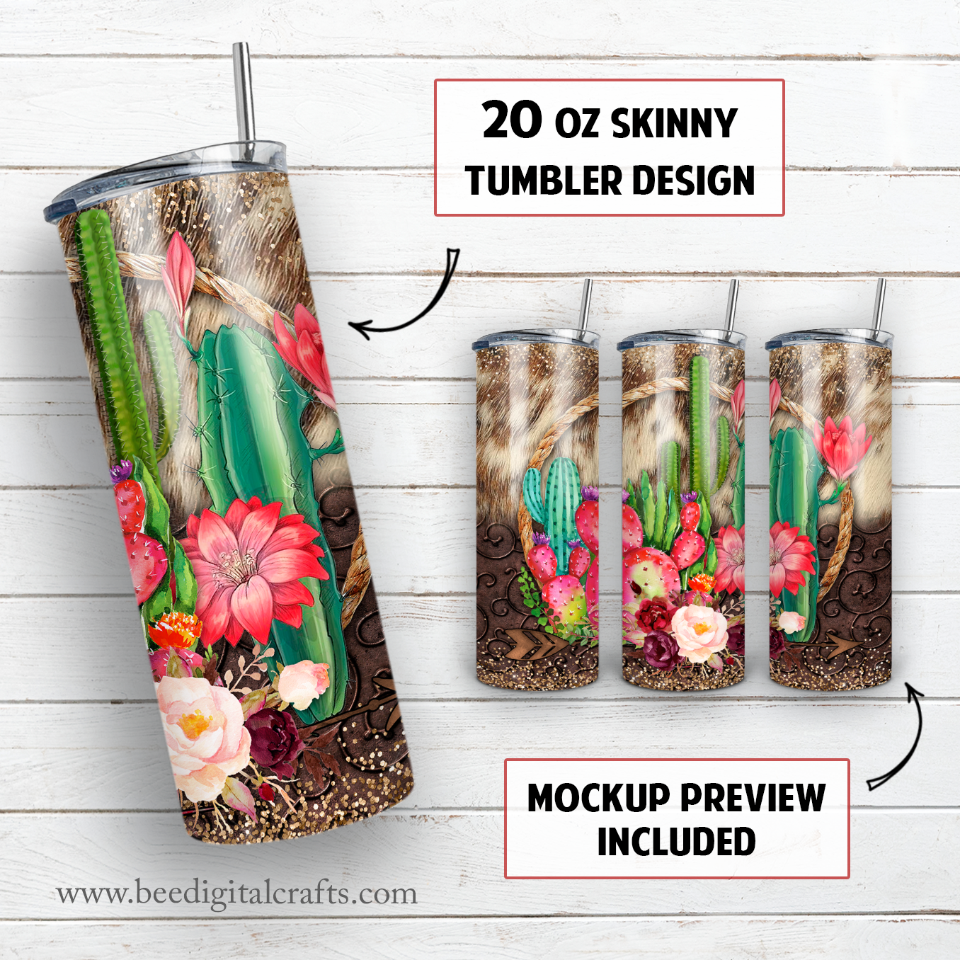 Cactus 20 oz skinny tumbler sublimation design