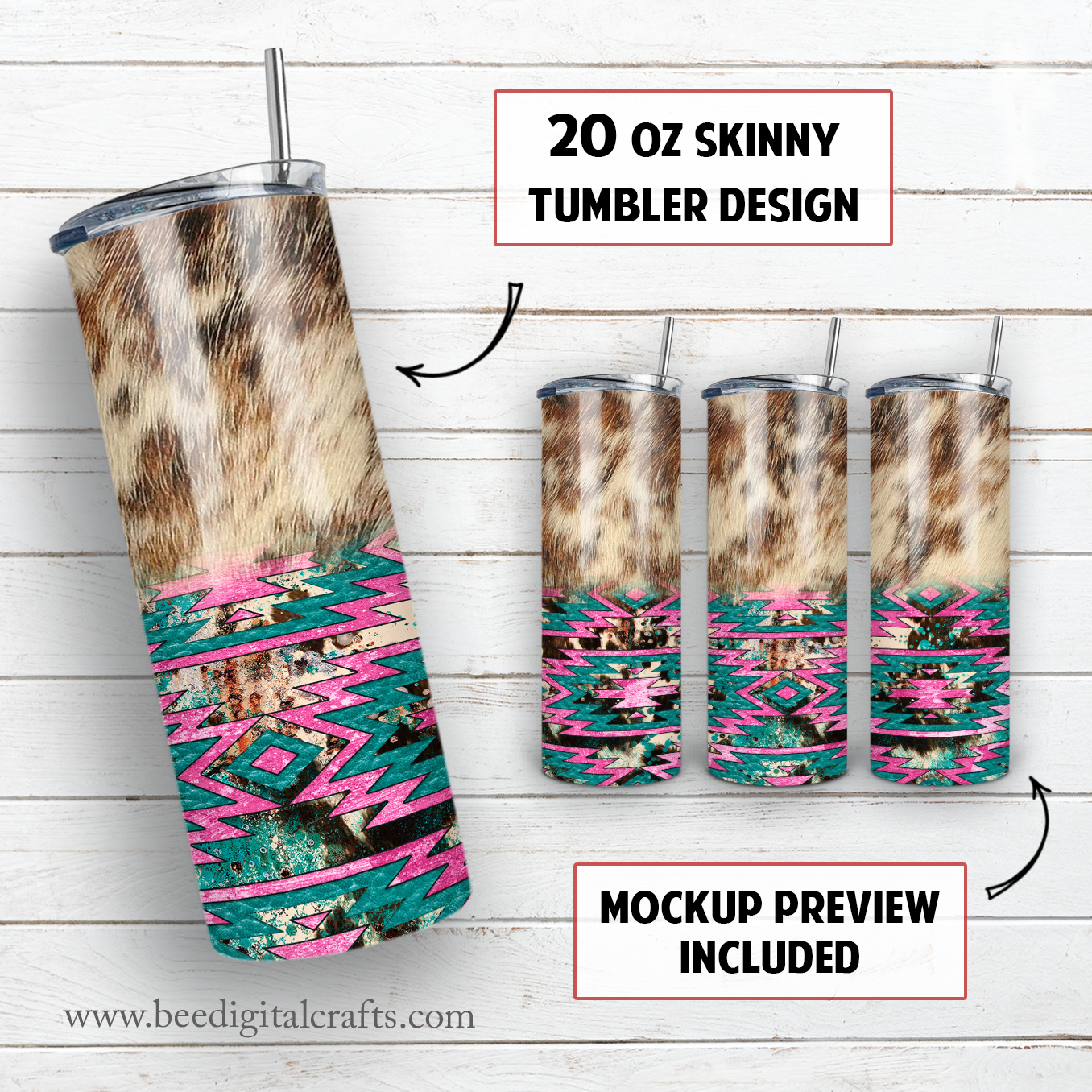 Cowhide 20 oz skinny tumbler sublimation design