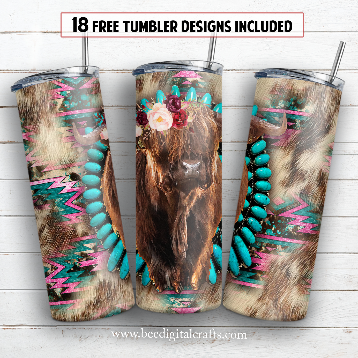 Highland cow and turquoise 20 oz skinny tumbler sublimation design