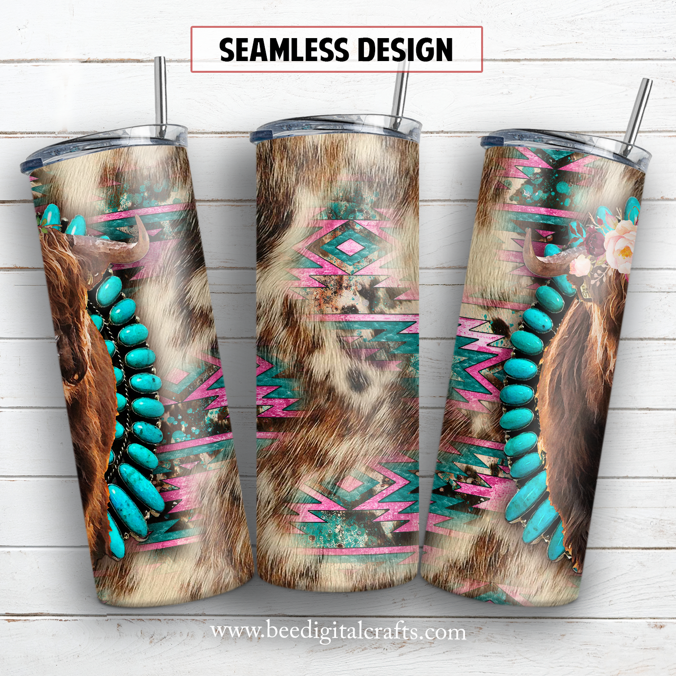 Highland cow and turquoise 20 oz skinny tumbler sublimation design