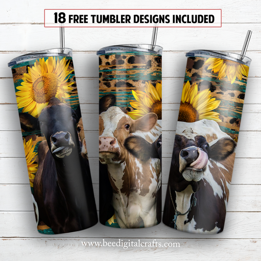 Cow trio and sunflower 20 oz skinny tumbler sublimation design