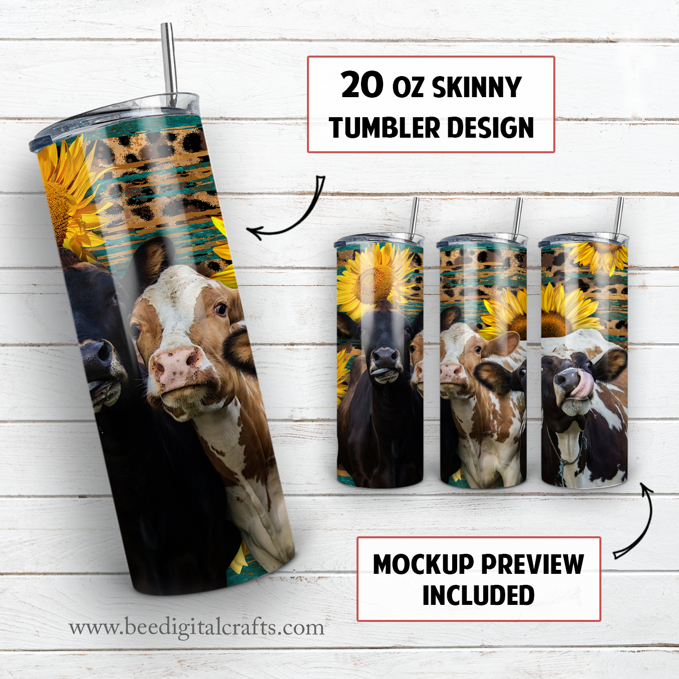 Cow trio and sunflower 20 oz skinny tumbler sublimation design