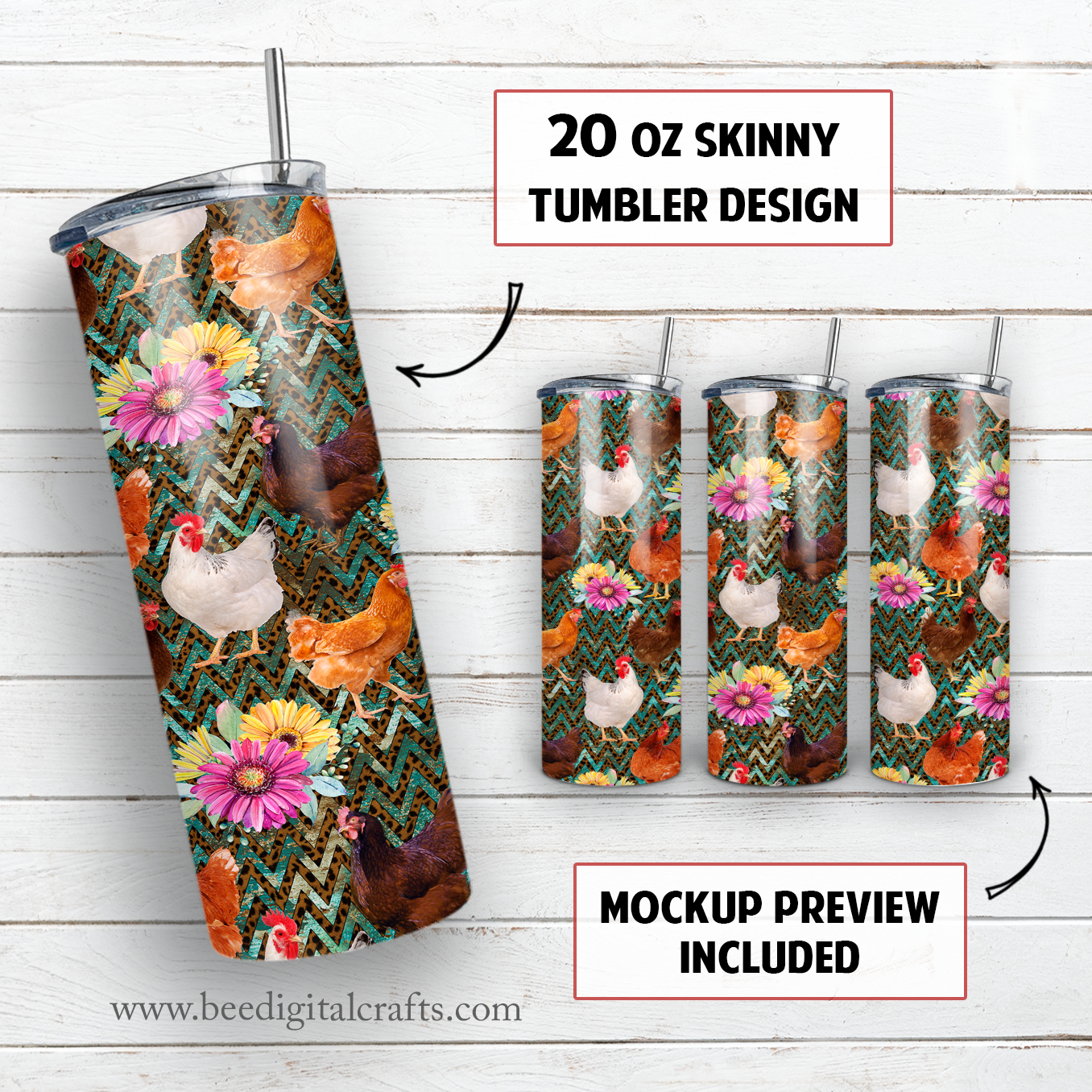 Chicken and flower 20 oz skinny tumbler sublimation design