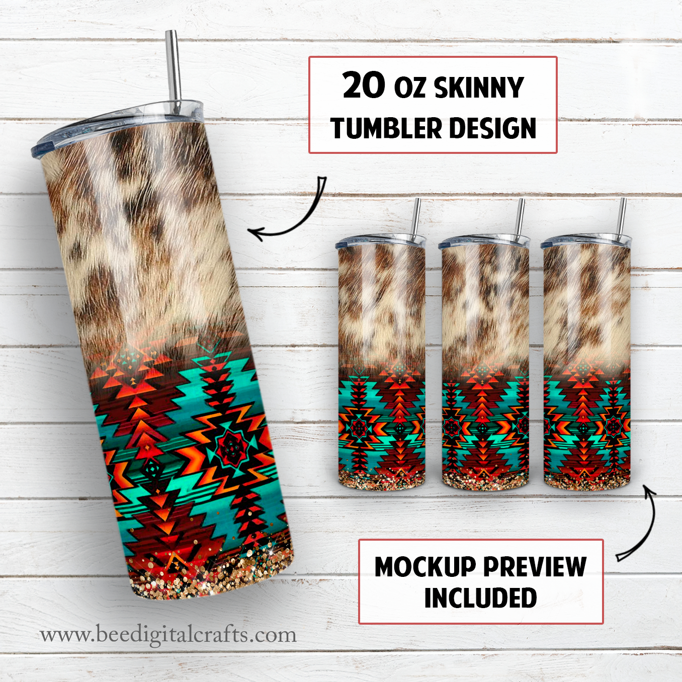 Aztec cowhide 20 oz skinny tumbler sublimation design