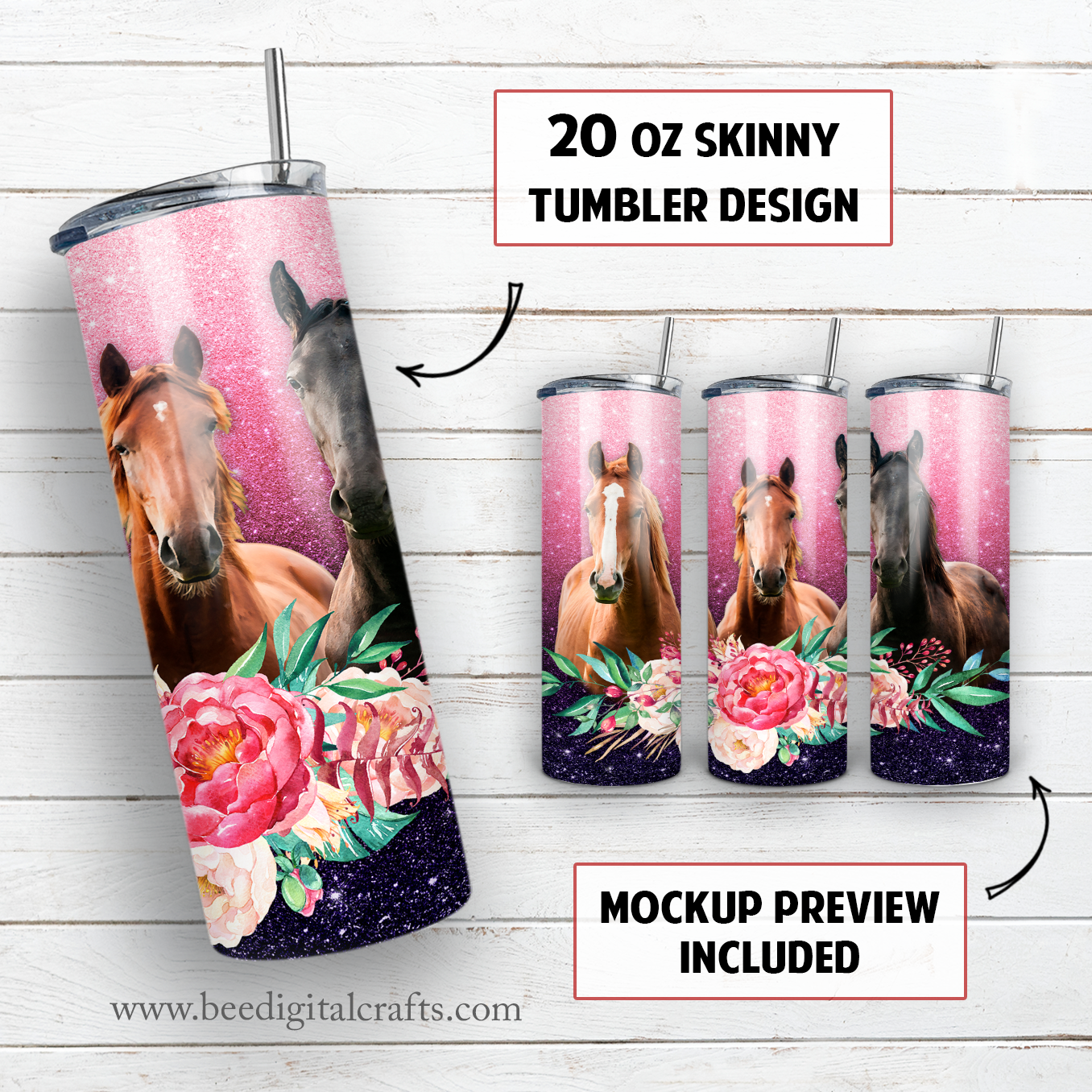 Horse and flower 20 oz skinny tumbler sublimation design