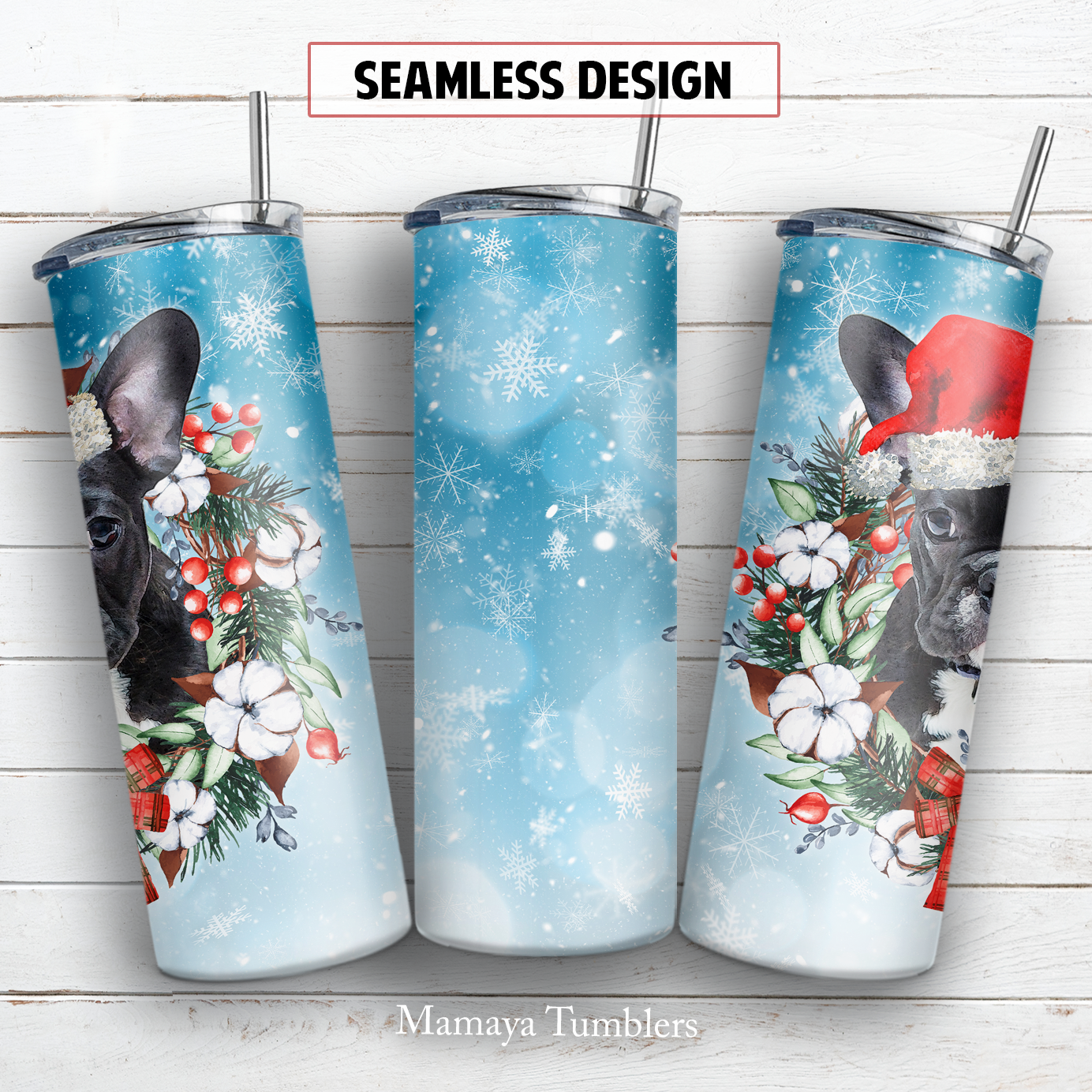 Christmas french bulldog 20 and 30 oz skinny tumbler sublimation design