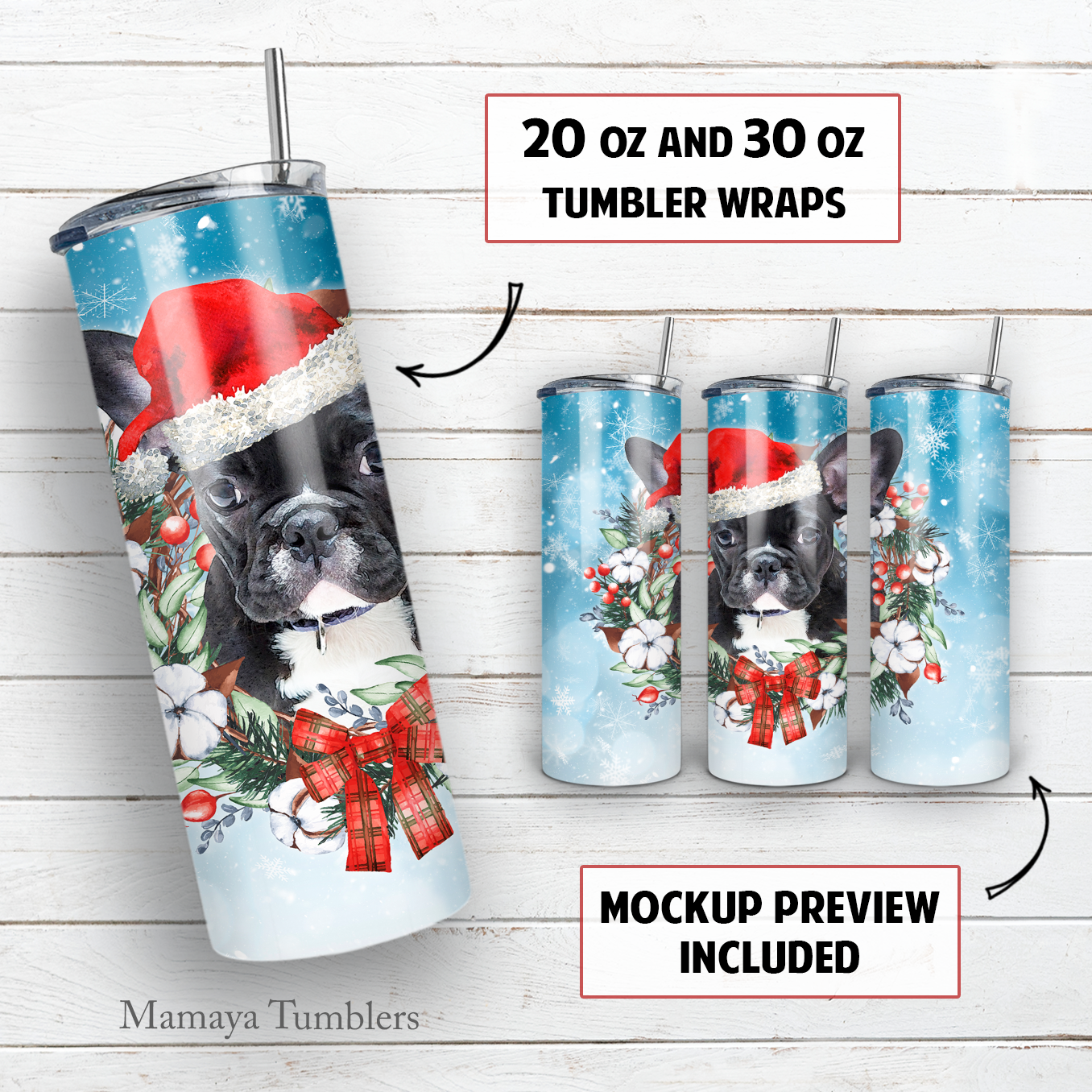 Christmas french bulldog 20 and 30 oz skinny tumbler sublimation design