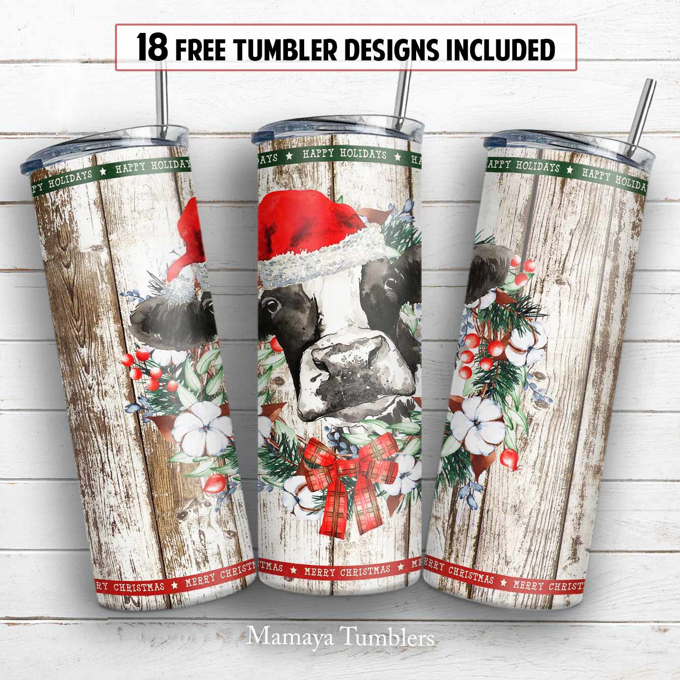 Christmas cow 20 oz skinny tumbler sublimation design