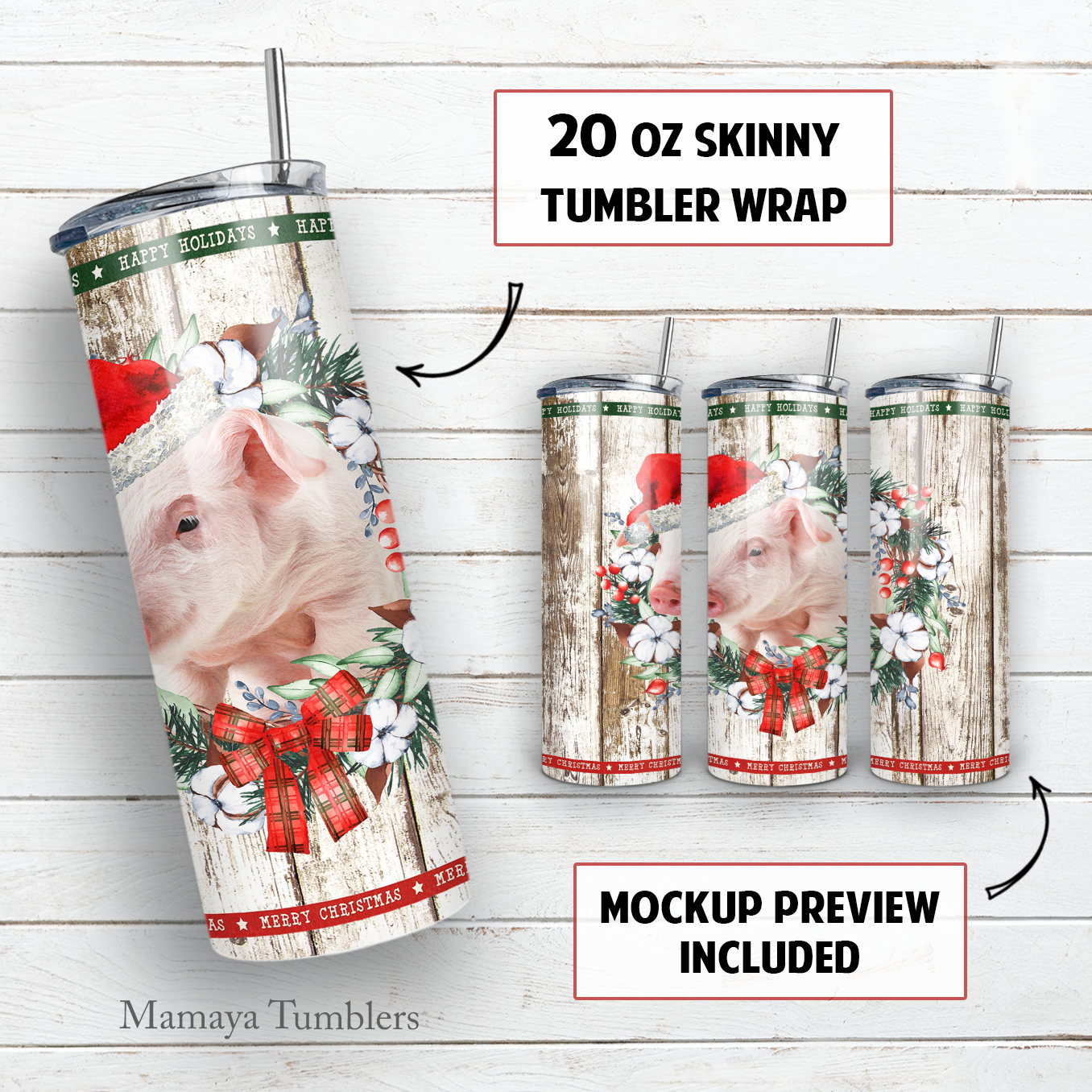 Christmas pig 20 oz skinny tumbler sublimation design