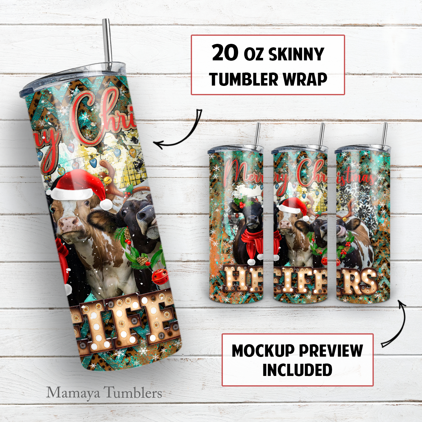 Merry Christmas heifers 20 oz skinny tumbler sublimation design