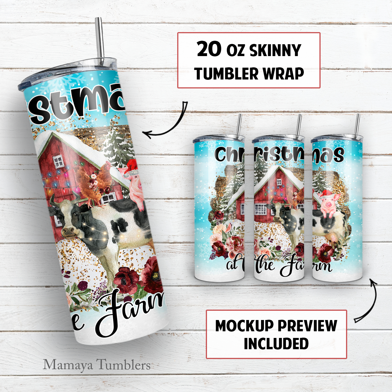 Christmas at the farm 20 oz skinny tumbler sublimation design