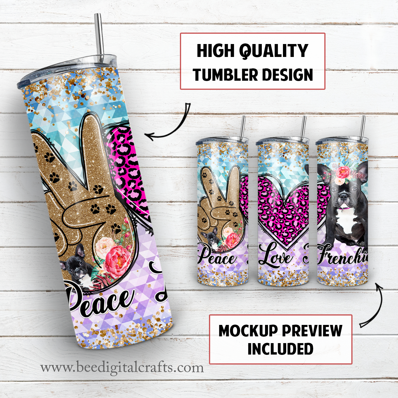 Peace love frenchie 20 oz skinny tumbler sublimation design