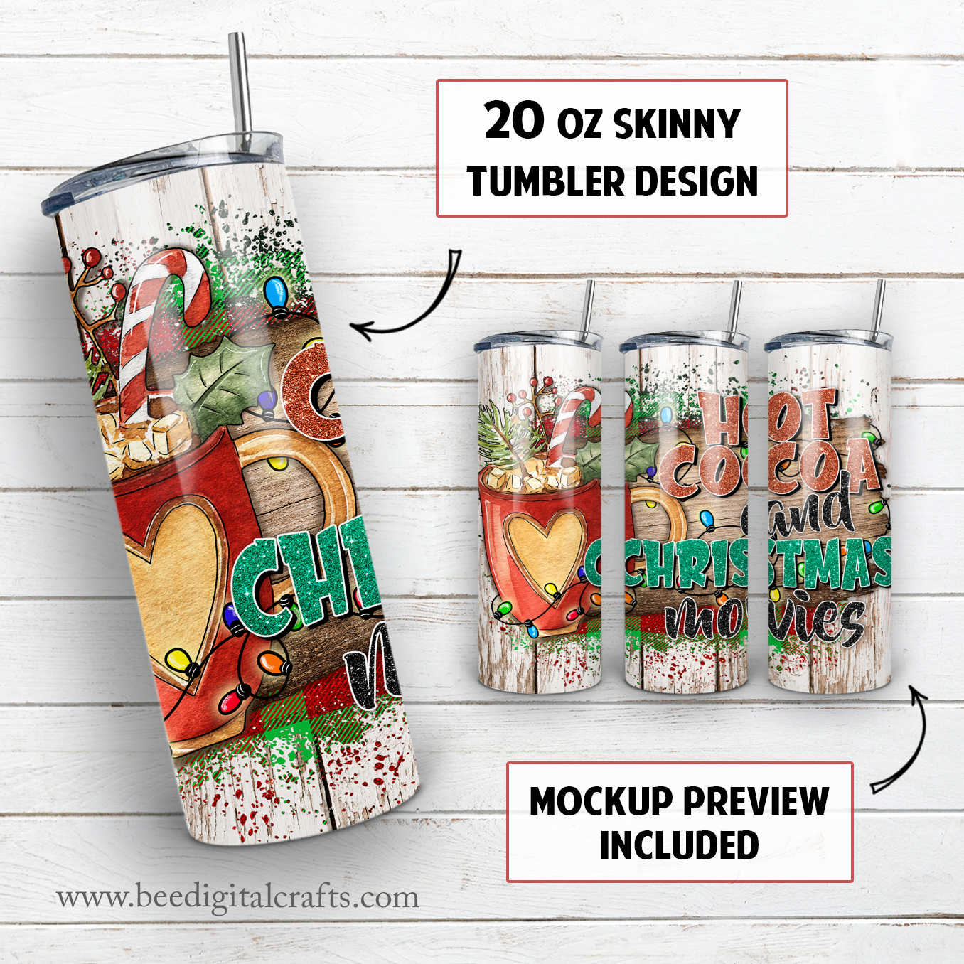 Hot cocoa and Christmas movies 20 oz skinny tumbler sublimation design