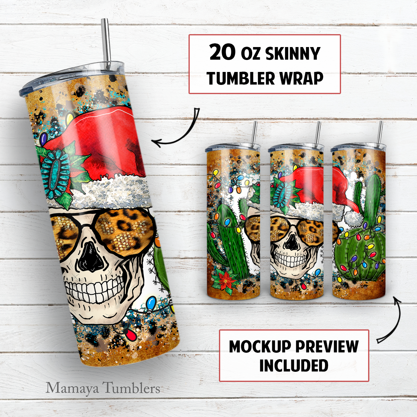 Christmas skull 20 oz skinny tumbler sublimation design