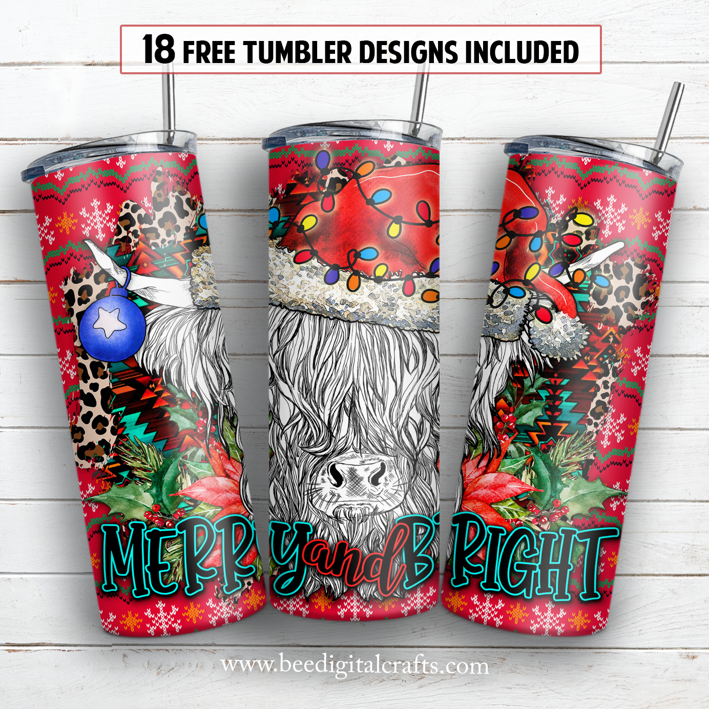 Merry and bright 20 oz skinny tumbler sublimation design