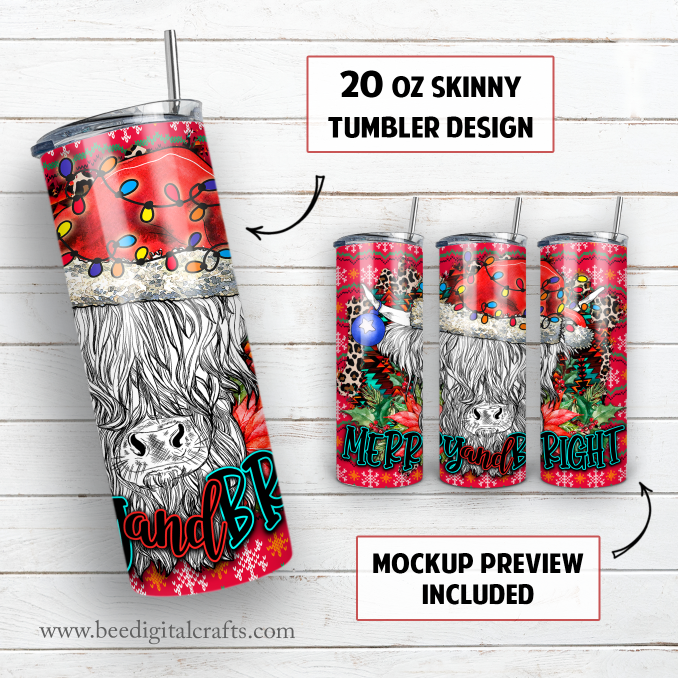 Merry and bright 20 oz skinny tumbler sublimation design