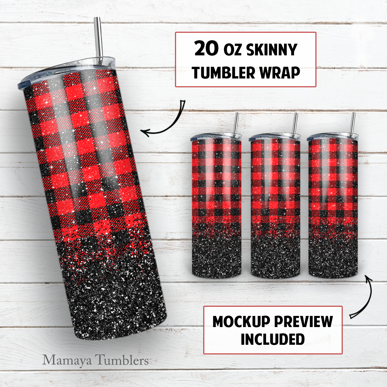 Buffalo plaid glitter 20 oz skinny tumbler sublimation design